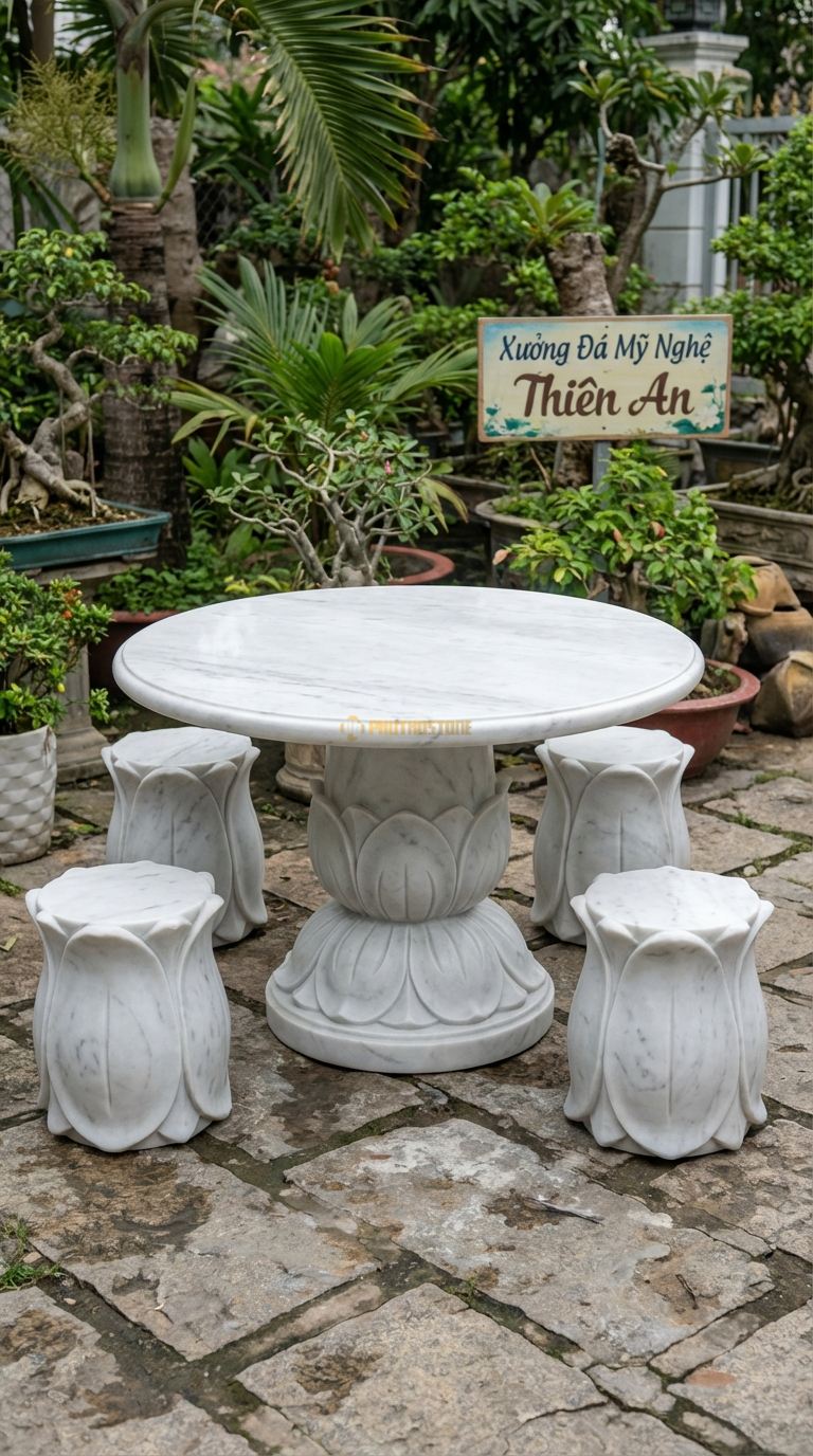 Bộ Bàn Ghế đá Hoa Sen (Liên Hoa), Chất Liệu đá Trắng Yên Bái, Kiểu Dáng mặt Bàn Trơn, Chân Bàn Tạc Hình Đài Sen Nở, Các Đôn Ngồi Hình Lá Sen Úp Ngược. Bàn: Đk 100 Cm x Cao 60 Cm Đôn: Đk 35 x 35 Cm (4 Đôn)