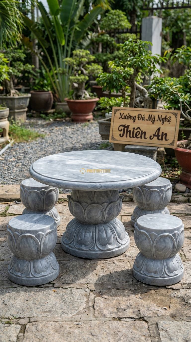 Bộ Bàn Ghế đá Hoa Sen (Liên Hoa), Chất Liệu đá Xám Vân Mây, Kiểu Dáng mặt Bàn Trơn, Chân Bàn Tạc Hình Đài Sen Nở, Các Đôn Ngồi Hình Lá Sen Úp Ngược. Bàn: Đk 100 Cm x Cao 60 Cm Đôn: Đk 35 x 35 Cm (4 Đôn)