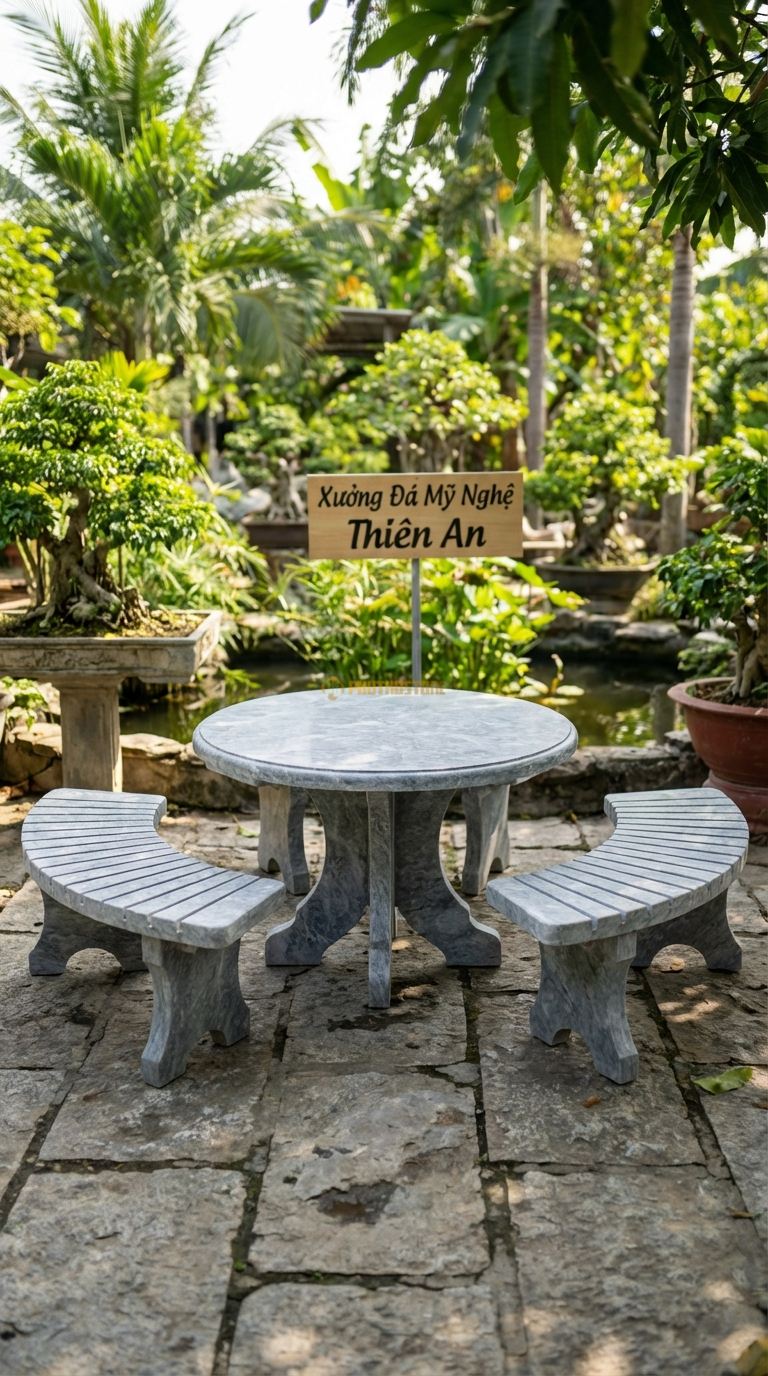 Bộ Bàn Ghế đá Nan đá (Nan Quạt), Chất Liệu đá Cẩm Thạch Xám, Kiểu Dáng mặt Ghế Ghép Từ Các Thanh đá Nhỏ Hình Nan Quạt, Tạo Khe Thoát Nước Mưa Tốt. Đk Ngoài: 150 Cm. Đk Ngoài: 150 Cm.