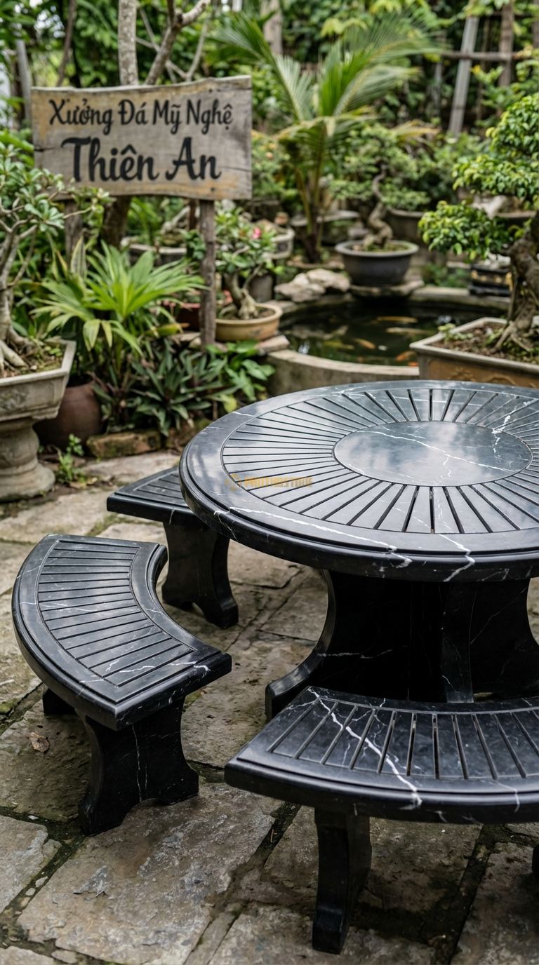 Bộ Bàn Ghế đá Nan đá (Nan Quạt), Chất Liệu đá Đen Tia Chớp, Kiểu Dáng mặt Ghế Ghép Từ Các Thanh đá Nhỏ Hình Nan Quạt, Tạo Khe Thoát Nước Mưa Tốt. Đk Ngoài: 150 Cm. Đk Ngoài: 150 Cm.