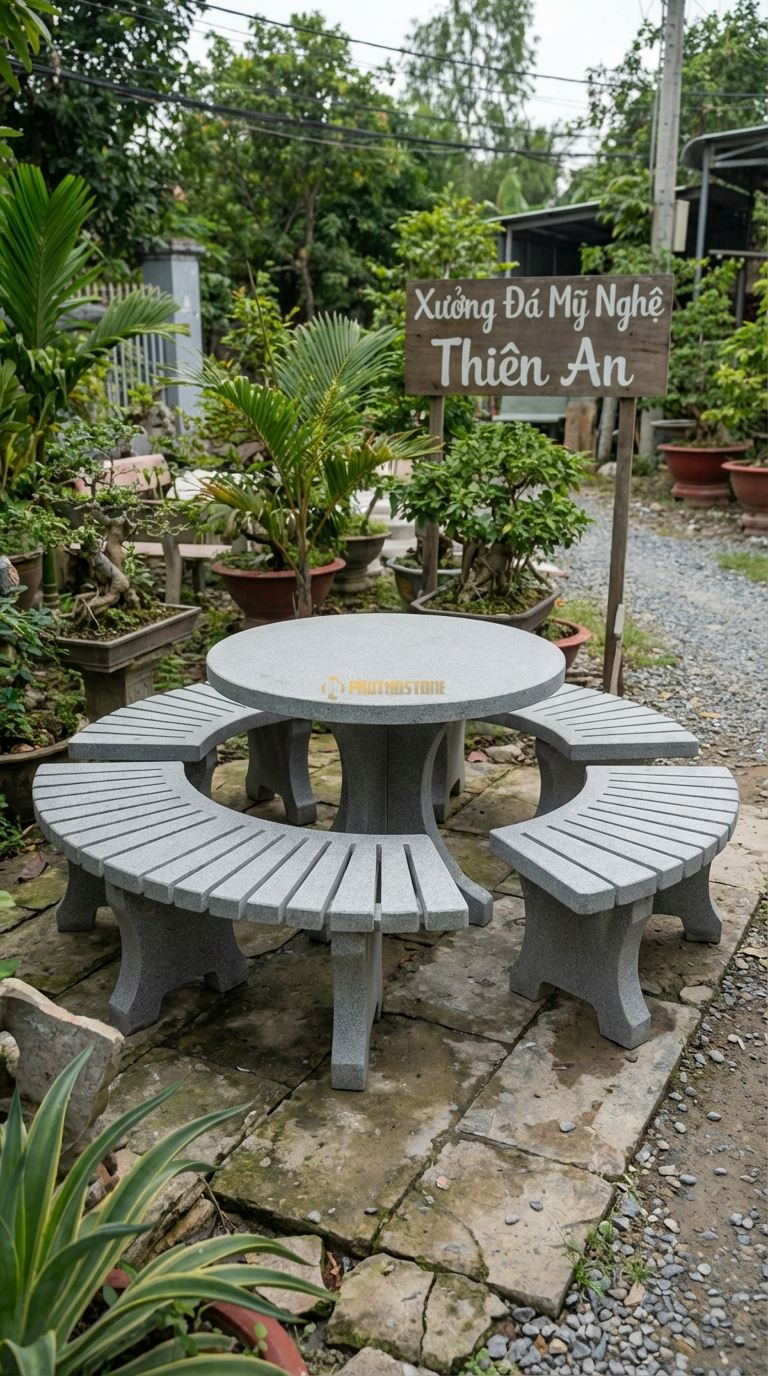 Bộ Bàn Ghế đá Nan đá (Nan Quạt), Chất Liệu đá Granite, Kiểu Dáng mặt Ghế Ghép Từ Các Thanh đá Nhỏ Hình Nan Quạt, Tạo Khe Thoát Nước Mưa Tốt. Đk Ngoài: 150 Cm. Đk Ngoài: 150 Cm.