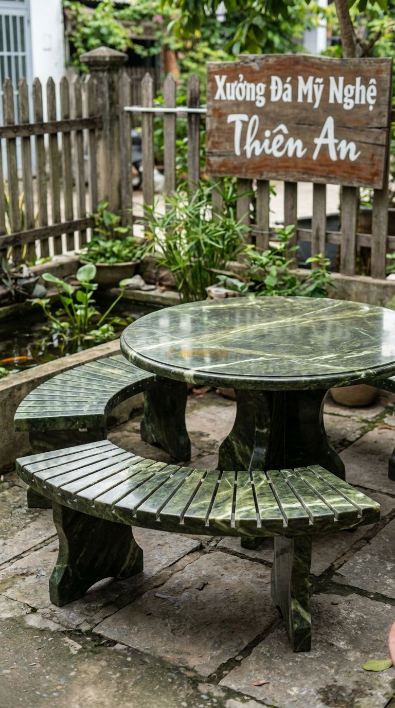 Bộ Bàn Ghế đá Nan đá (Nan Quạt), Chất Liệu đá Serpentine, Kiểu Dáng mặt Ghế Ghép Từ Các Thanh đá Nhỏ Hình Nan Quạt, Tạo Khe Thoát Nước Mưa Tốt. Đk Ngoài: 150 Cm. Đk Ngoài: 150 Cm.
