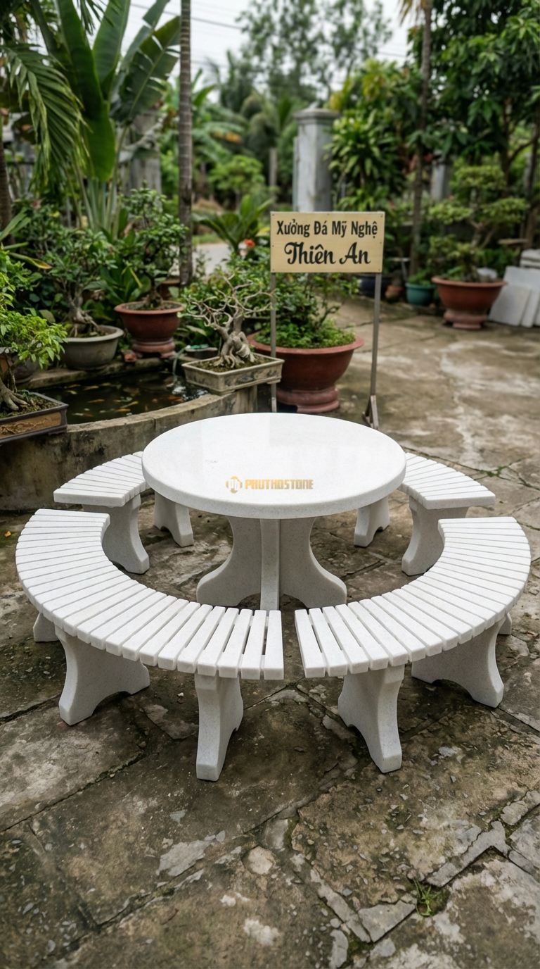 Bộ Bàn Ghế đá Nan đá (Nan Quạt), Chất Liệu đá Trắng Muối, Kiểu Dáng mặt Ghế Ghép Từ Các Thanh đá Nhỏ Hình Nan Quạt, Tạo Khe Thoát Nước Mưa Tốt. Đk Ngoài: 150 Cm. Đk Ngoài: 150 Cm.