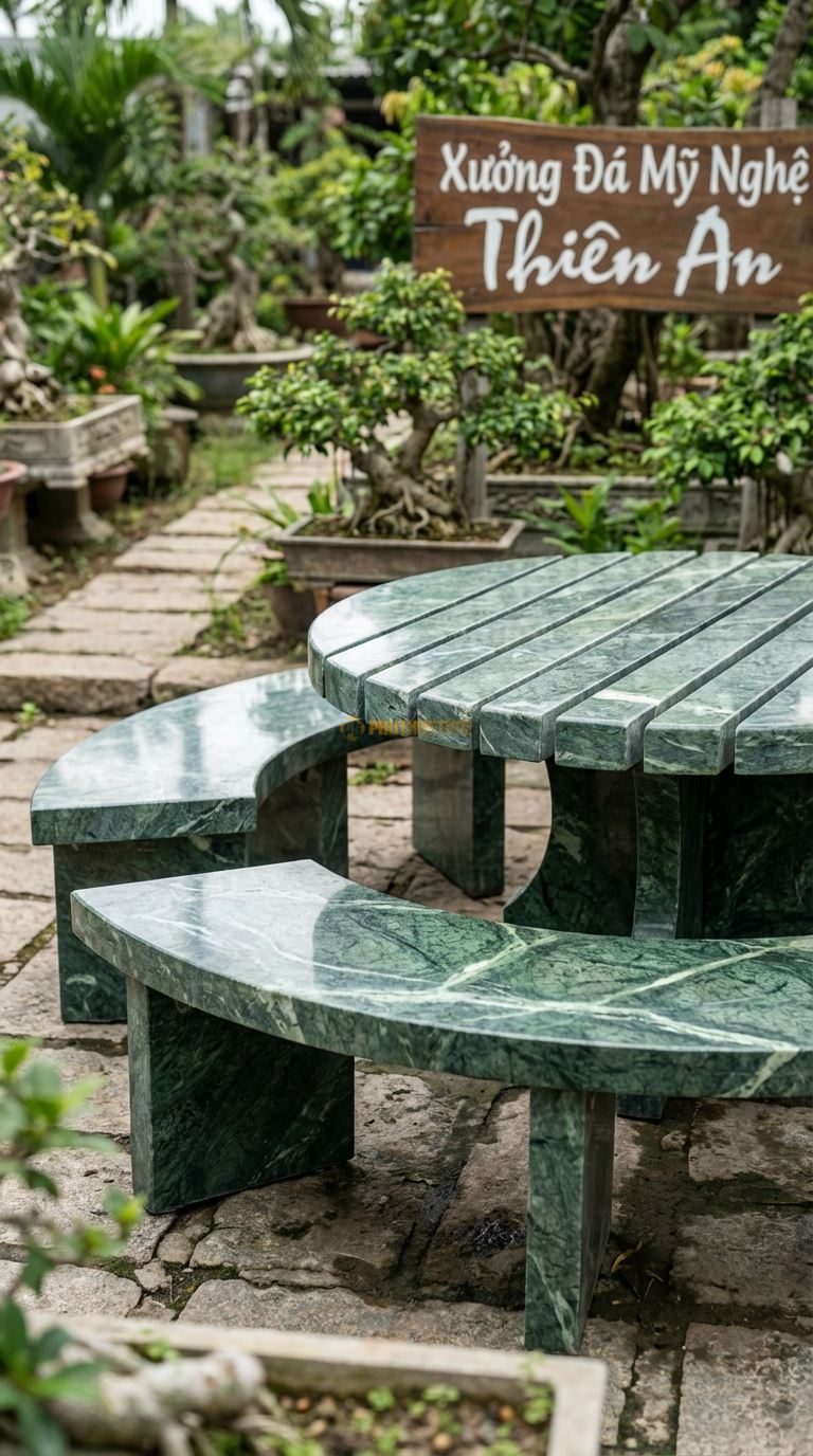Bộ Bàn Ghế đá Nan đá (Nan Quạt), Chất Liệu đá Xanh Ấn, Kiểu Dáng mặt Ghế Ghép Từ Các Thanh đá Nhỏ Hình Nan Quạt, Tạo Khe Thoát Nước Mưa Tốt. Đk Ngoài: 150 Cm. Đk Ngoài: 150 Cm.