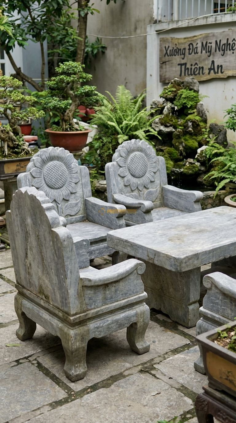 Bộ Bàn Ghế đá Ngai Hoa Hướng Dương, Chất Liệu đá Cẩm Thạch Xám, Kiểu Dáng lưng Ghế Tạc Hình Bông Hướng Dương Lớn Đang Nở, Tượng Trưng Cho Năng Lượng Dương. Ghế: 85 x 80 x 115 Cm. Ghế: 85 x 80 x 115 Cm.