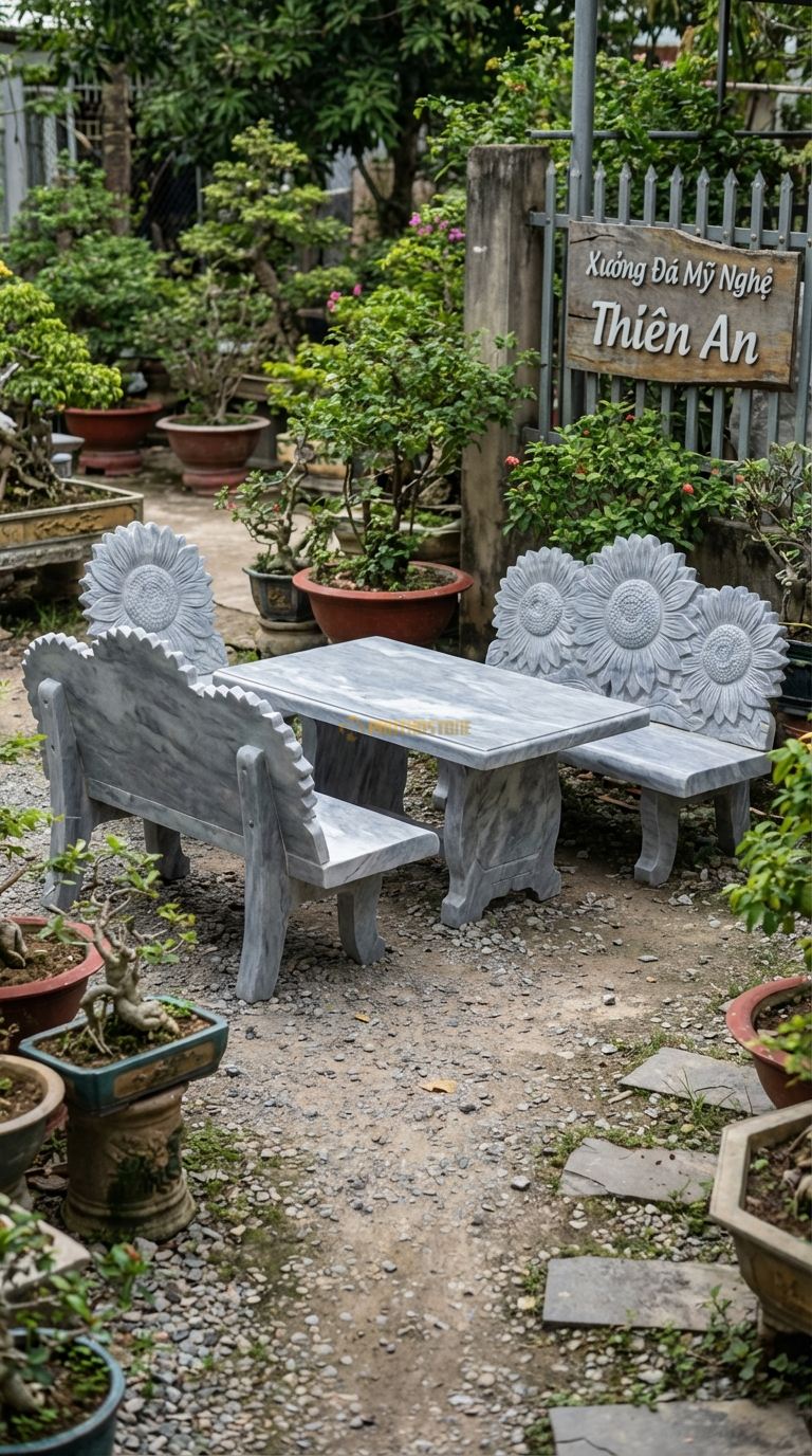Bộ Bàn Ghế đá Ngai Hoa Hướng Dương, Chất Liệu đá Xám Vân Mây, Kiểu Dáng lưng Ghế Tạc Hình Bông Hướng Dương Lớn Đang Nở, Tượng Trưng Cho Năng Lượng Dương. Ghế: 85 x 80 x 115 Cm. Ghế: 85 x 80 x 115 Cm.