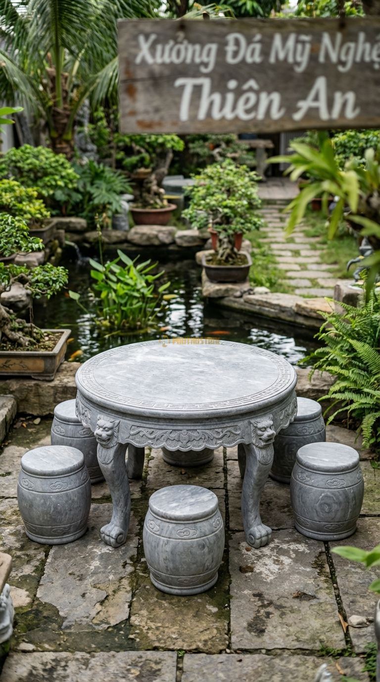 Bộ Bàn Ghế đá Ngũ Phúc (Dơi Ngậm Tiền), Chất Liệu đá Cẩm Thạch Xám, Kiểu Dáng viền Bàn Chạm 5 Con Dơi Ngậm Đồng Tiền (Ngũ Phúc Lâm Môn), Chân Bàn Chạm Đầu Lân. Bàn: Đk 110 Cm x Cao 68 Cm Đôn: Đk 30 x 40 Cm (5 Đôn)