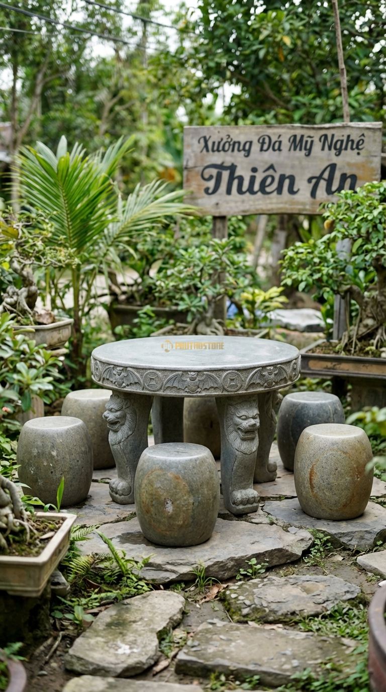 Bộ Bàn Ghế đá Ngũ Phúc (Dơi Ngậm Tiền), Chất Liệu đá Cuội, Kiểu Dáng viền Bàn Chạm 5 Con Dơi Ngậm Đồng Tiền (Ngũ Phúc Lâm Môn), Chân Bàn Chạm Đầu Lân. Bàn: Đk 110 Cm x Cao 68 Cm Đôn: Đk 30 x 40 Cm (5 Đôn)