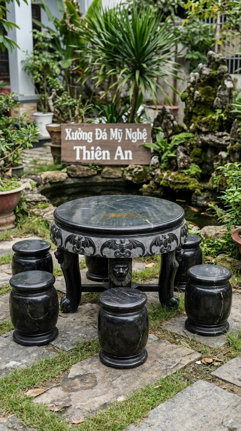 Bộ Bàn Ghế đá Ngũ Phúc (Dơi Ngậm Tiền), Chất Liệu đá Đen Chỉ Nâu, Kiểu Dáng viền Bàn Chạm 5 Con Dơi Ngậm Đồng Tiền (Ngũ Phúc Lâm Môn), Chân Bàn Chạm Đầu Lân. Bàn: Đk 110 Cm x Cao 68 Cm Đôn: Đk 30 x 40 Cm (5 Đôn)