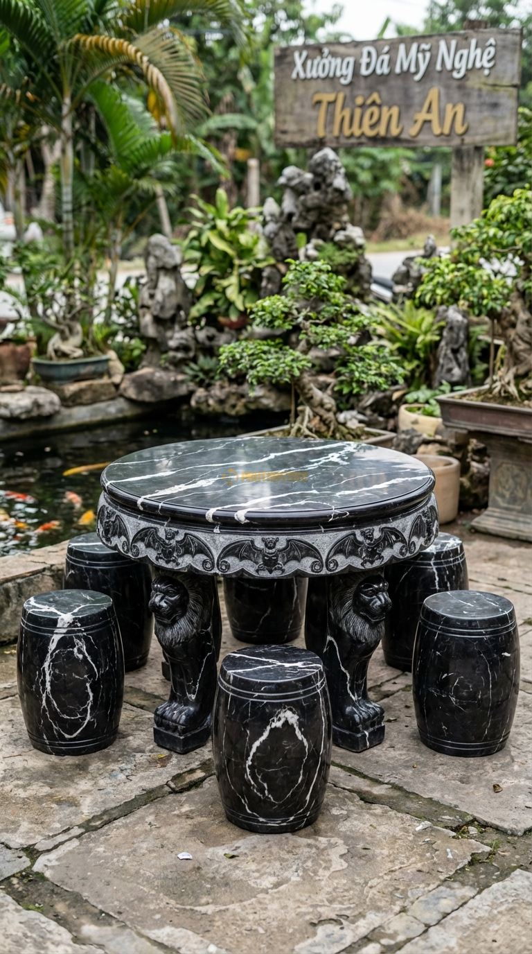 Bộ Bàn Ghế đá Ngũ Phúc (Dơi Ngậm Tiền), Chất Liệu đá Đen Tia Chớp, Kiểu Dáng viền Bàn Chạm 5 Con Dơi Ngậm Đồng Tiền (Ngũ Phúc Lâm Môn), Chân Bàn Chạm Đầu Lân. Bàn: Đk 110 Cm x Cao 68 Cm Đôn: Đk 30 x 40 Cm (5 Đôn)