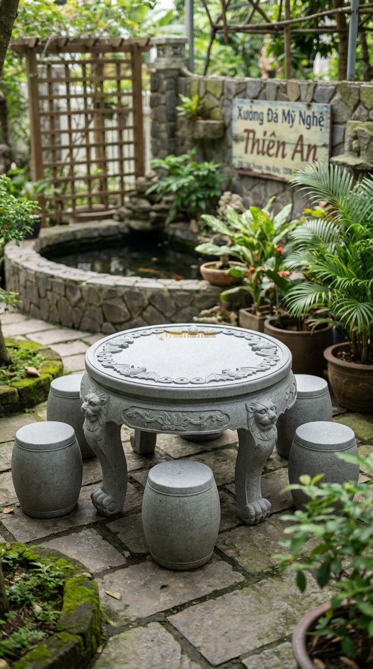 Bộ Bàn Ghế đá Ngũ Phúc (Dơi Ngậm Tiền), Chất Liệu đá Granite, Kiểu Dáng viền Bàn Chạm 5 Con Dơi Ngậm Đồng Tiền (Ngũ Phúc Lâm Môn), Chân Bàn Chạm Đầu Lân. Bàn: Đk 110 Cm x Cao 68 Cm Đôn: Đk 30 x 40 Cm (5 Đôn)