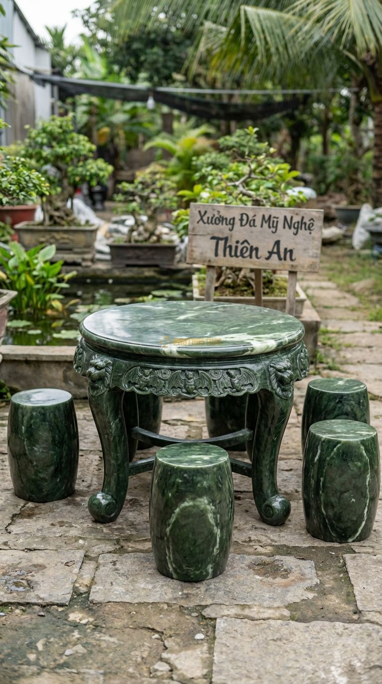 Bộ Bàn Ghế đá Ngũ Phúc (Dơi Ngậm Tiền), Chất Liệu đá Serpentine, Kiểu Dáng viền Bàn Chạm 5 Con Dơi Ngậm Đồng Tiền (Ngũ Phúc Lâm Môn), Chân Bàn Chạm Đầu Lân. Bàn: Đk 110 Cm x Cao 68 Cm Đôn: Đk 30 x 40 Cm (5 Đôn)