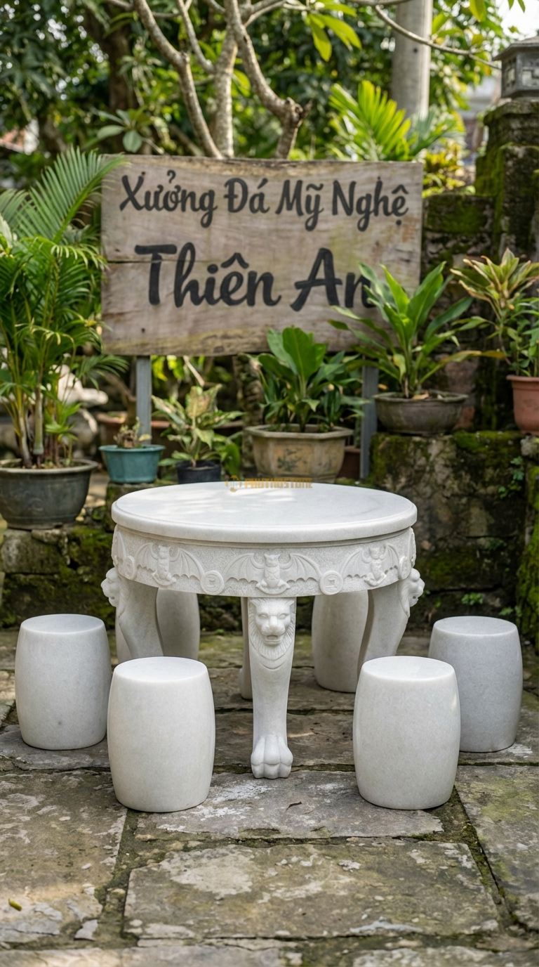 Bộ Bàn Ghế đá Ngũ Phúc (Dơi Ngậm Tiền), Chất Liệu đá Trắng Muối, Kiểu Dáng viền Bàn Chạm 5 Con Dơi Ngậm Đồng Tiền (Ngũ Phúc Lâm Môn), Chân Bàn Chạm Đầu Lân. Bàn: Đk 110 Cm x Cao 68 Cm Đôn: Đk 30 x 40 Cm (5 Đôn)