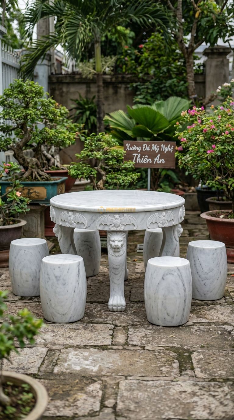Bộ Bàn Ghế đá Ngũ Phúc (Dơi Ngậm Tiền), Chất Liệu đá Trắng Yên Bái, Kiểu Dáng viền Bàn Chạm 5 Con Dơi Ngậm Đồng Tiền (Ngũ Phúc Lâm Môn), Chân Bàn Chạm Đầu Lân. Bàn: Đk 110 Cm x Cao 68 Cm Đôn: Đk 30 x 40 Cm (5 Đôn)