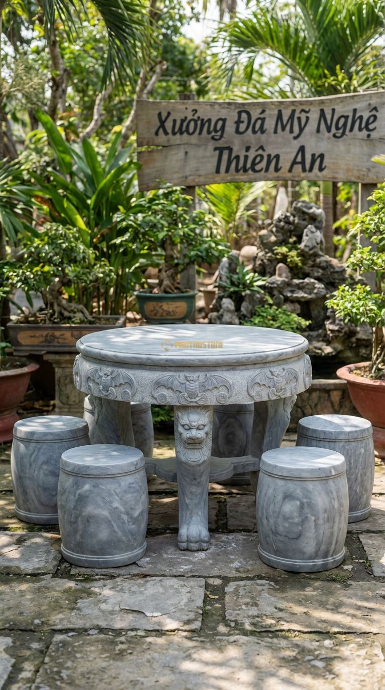 Bộ Bàn Ghế đá Ngũ Phúc (Dơi Ngậm Tiền), Chất Liệu đá Xám Vân Mây, Kiểu Dáng viền Bàn Chạm 5 Con Dơi Ngậm Đồng Tiền (Ngũ Phúc Lâm Môn), Chân Bàn Chạm Đầu Lân. Bàn: Đk 110 Cm x Cao 68 Cm Đôn: Đk 30 x 40 Cm (5 Đôn)