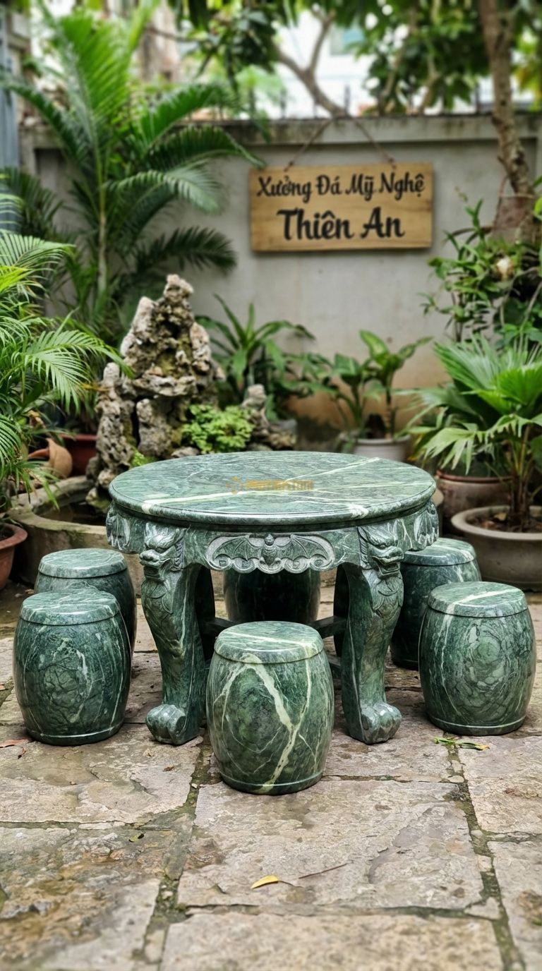 Bộ Bàn Ghế đá Ngũ Phúc (Dơi Ngậm Tiền), Chất Liệu đá Xanh Ấn, Kiểu Dáng viền Bàn Chạm 5 Con Dơi Ngậm Đồng Tiền (Ngũ Phúc Lâm Môn), Chân Bàn Chạm Đầu Lân. Bàn: Đk 110 Cm x Cao 68 Cm Đôn: Đk 30 x 40 Cm (5 Đôn)