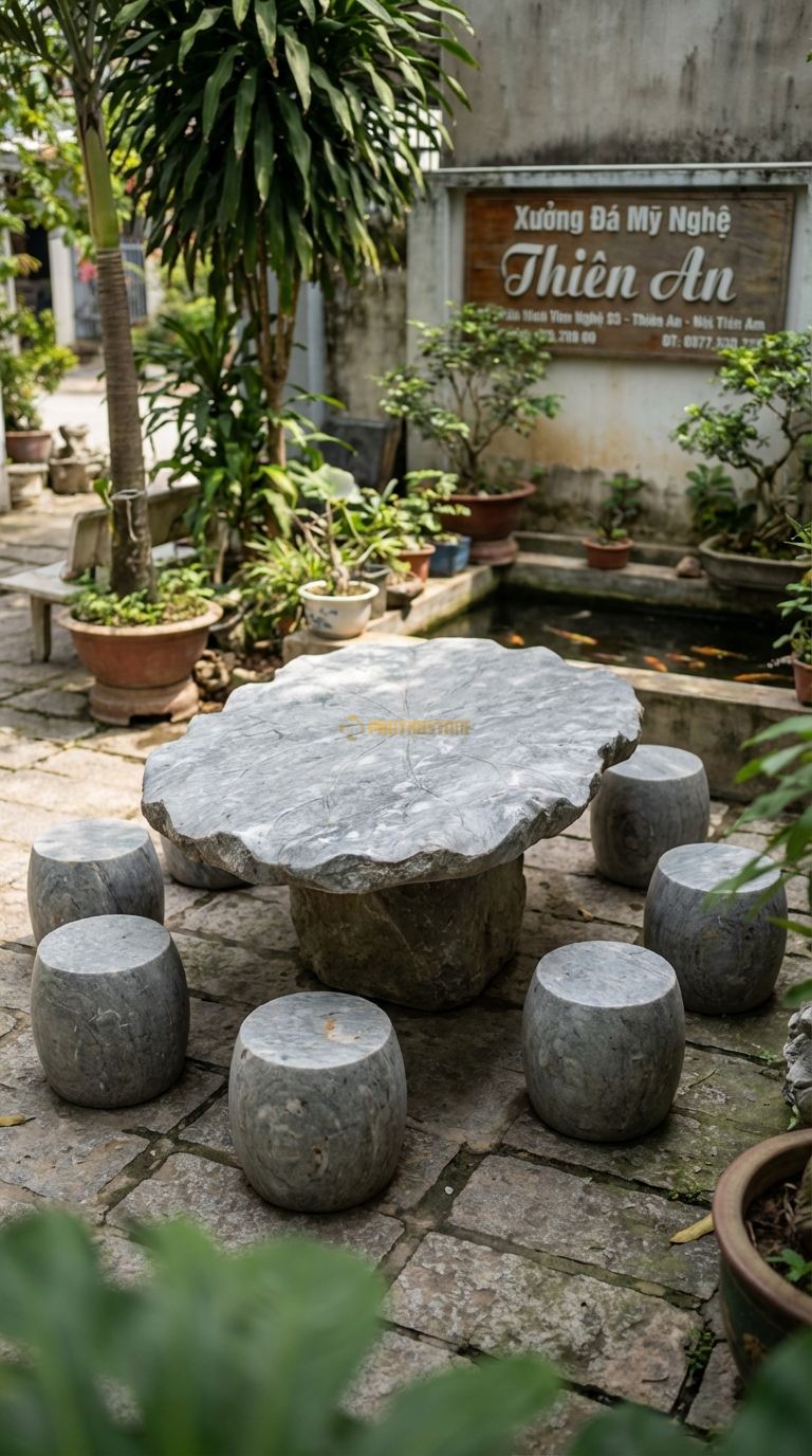 Bộ Bàn Ghế đá Nguyên Khối Dáng Lá, Chất Liệu đá Cẩm Thạch Xám, Kiểu Dáng phiến đá Mỏng, Bè Rộng, Uốn Lượn Tự Nhiên Như Chiếc Lá Sen Khổng Lồ. Bàn: 160 x 120 x 55 Cm Đôn: Tròn Thấp 30 x 30 Cm (6 Đôn)
