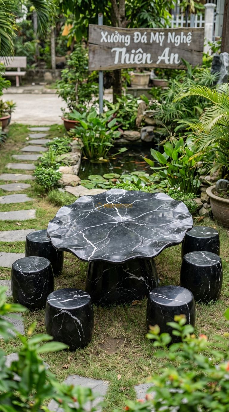 Bộ Bàn Ghế đá Nguyên Khối Dáng Lá, Chất Liệu đá Đen Tia Chớp, Kiểu Dáng phiến đá Mỏng, Bè Rộng, Uốn Lượn Tự Nhiên Như Chiếc Lá Sen Khổng Lồ. Bàn: 160 x 120 x 55 Cm Đôn: Tròn Thấp 30 x 30 Cm (6 Đôn)