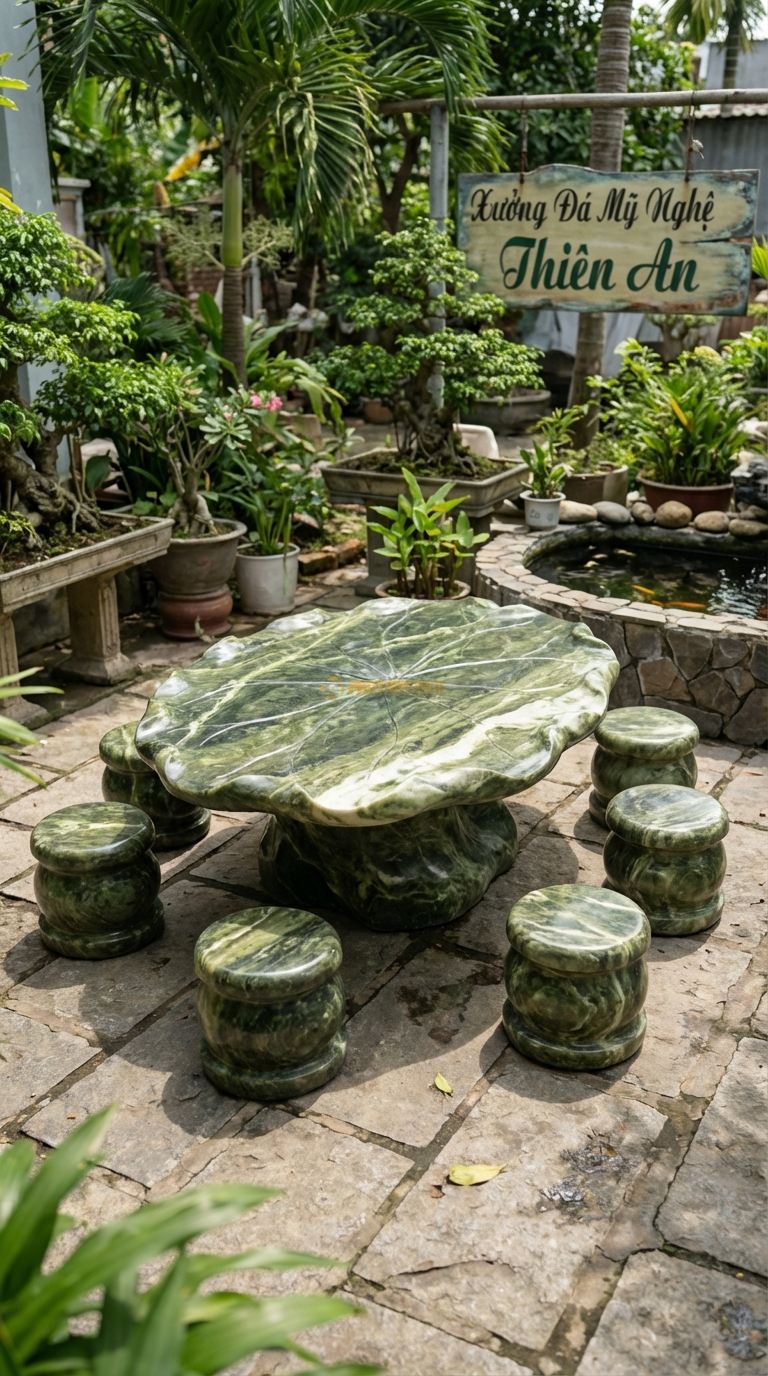Bộ Bàn Ghế đá Nguyên Khối Dáng Lá, Chất Liệu đá Serpentine, Kiểu Dáng phiến đá Mỏng, Bè Rộng, Uốn Lượn Tự Nhiên Như Chiếc Lá Sen Khổng Lồ. Bàn: 160 x 120 x 55 Cm Đôn: Tròn Thấp 30 x 30 Cm (6 Đôn)