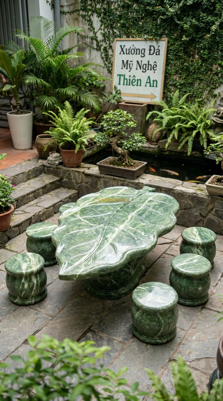 Bộ Bàn Ghế đá Nguyên Khối Dáng Lá, Chất Liệu đá Xanh Ấn, Kiểu Dáng phiến đá Mỏng, Bè Rộng, Uốn Lượn Tự Nhiên Như Chiếc Lá Sen Khổng Lồ. Bàn: 160 x 120 x 55 Cm Đôn: Tròn Thấp 30 x 30 Cm (6 Đôn)