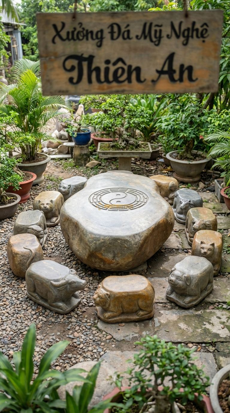 Bộ Bàn Ghế đá Nguyên Khối Dáng Lũa, Chất Liệu đá Trắng Muối, Kiểu Dáng mặt Bàn đá nh Bóng Gương, Giữ Nguyên Viền Lũa Tự Nhiên Sần Sùi, Vân đá Loang Màu Mây. Bàn: 180 x 95 x 65 Cm Đôn: Đk 35 x 40 Cm (6 Đôn)