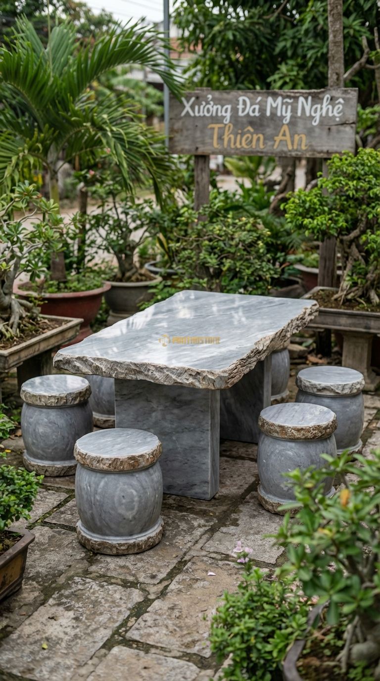 Bộ Bàn Ghế đá Nguyên Khối Dáng Lũa, Chất Liệu đá Xám Vân Mây, Kiểu Dáng mặt Bàn đá nh Bóng Gương, Giữ Nguyên Viền Lũa Tự Nhiên Sần Sùi, Vân đá Loang Màu Mây. Bàn: 180 x 95 x 65 Cm Đôn: Đk 35 x 40 Cm (6 Đôn)