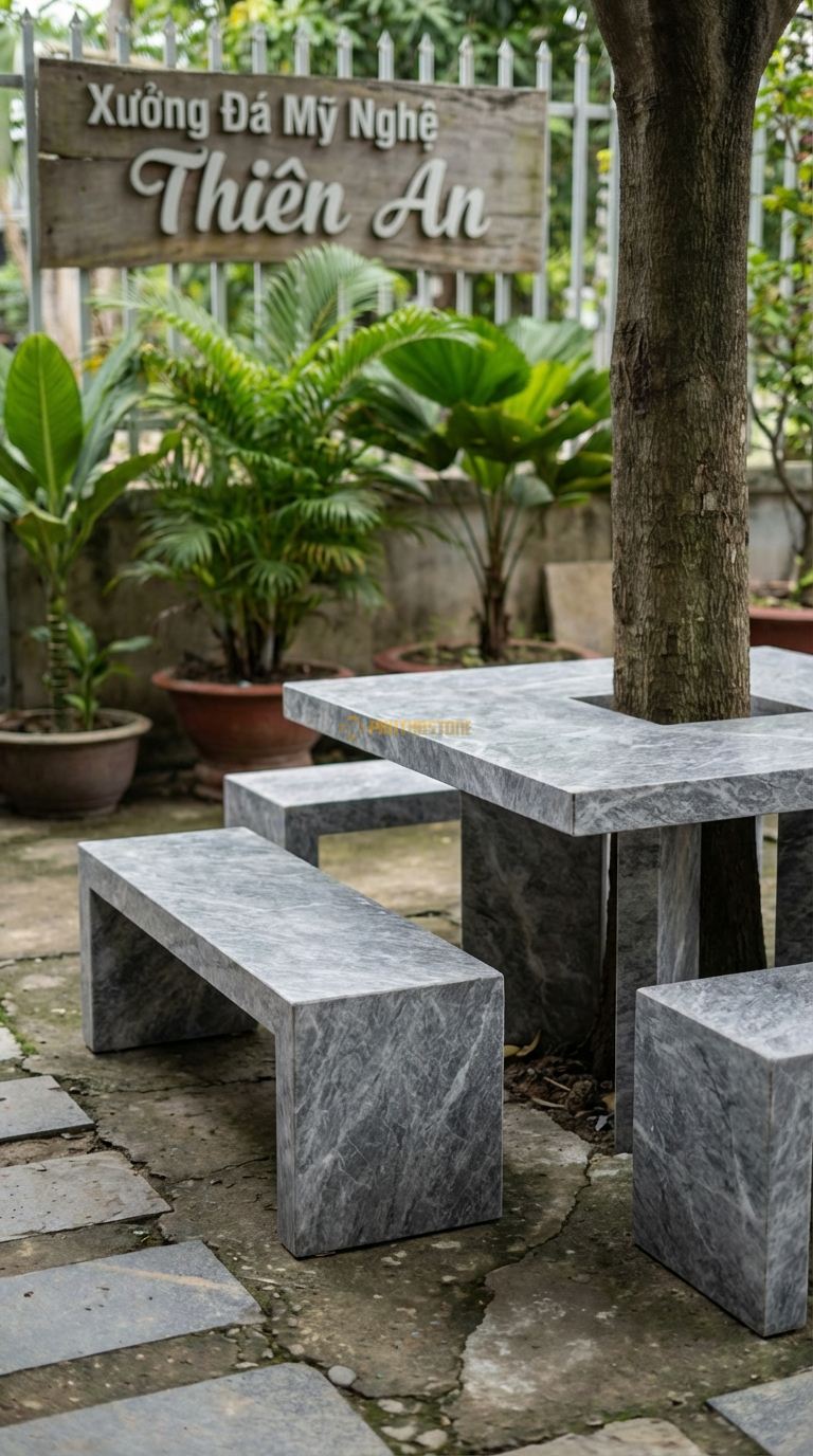 Bộ Bàn Ghế đá Ôm Gốc Hình Vuông, Chất Liệu đá Cẩm Thạch Xám, Kiểu Dáng thiết Kế Vuông Vức Bao Quanh Cây, Các Cạnh Thẳng, Hiện Đại. Cạnh Ngoài: 140 x 140 Cm. Cạnh Ngoài: 140 x 140 Cm.