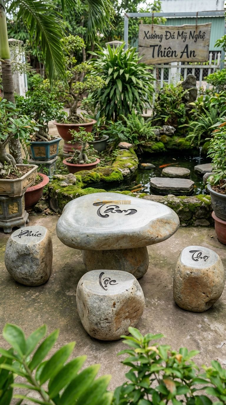 Bộ Bàn Ghế đá Phúc – Lộc – Thọ, Chất Liệu đá Cuội, Kiểu Dáng mỗi Đôn Khắc Một Chữ Thư Pháp: Phúc, Lộc, Thọ, Mặt Bàn Khắc Chữ Tâm. Bàn: 120 x 120 x 70 Cm Đôn: 3 Hoặc 6 Đôn