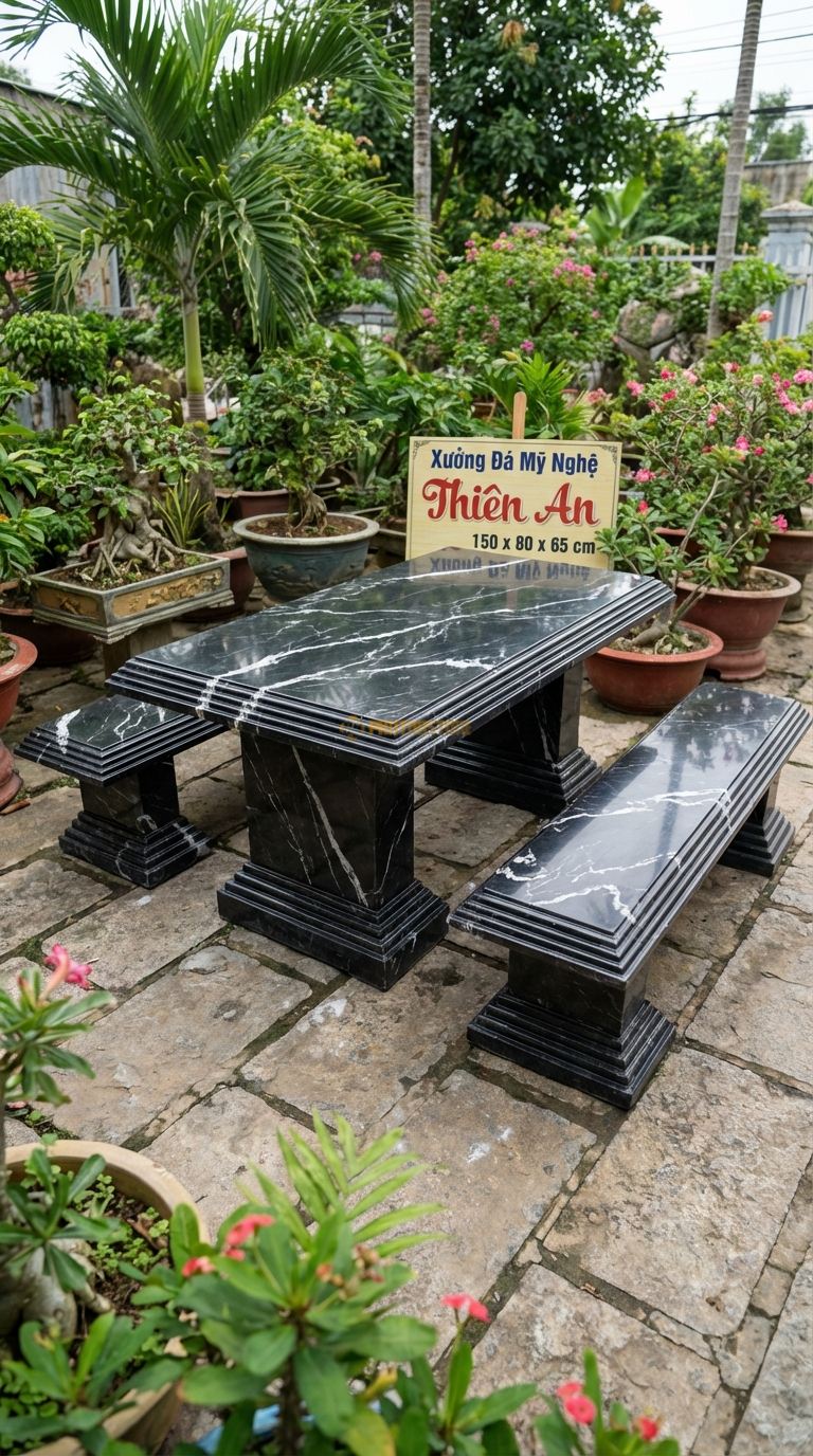 Bộ Bàn Ghế đá Ruộng Bậc Thang, Chất Liệu đá Đen Tia Chớp, Kiểu Dáng cạnh Bàn Và Chân Bàn Được Mài Giật Cấp Như Ruộng Bậc Thang Tây Bắc. Bàn: 150 x 80 x 65 Cm