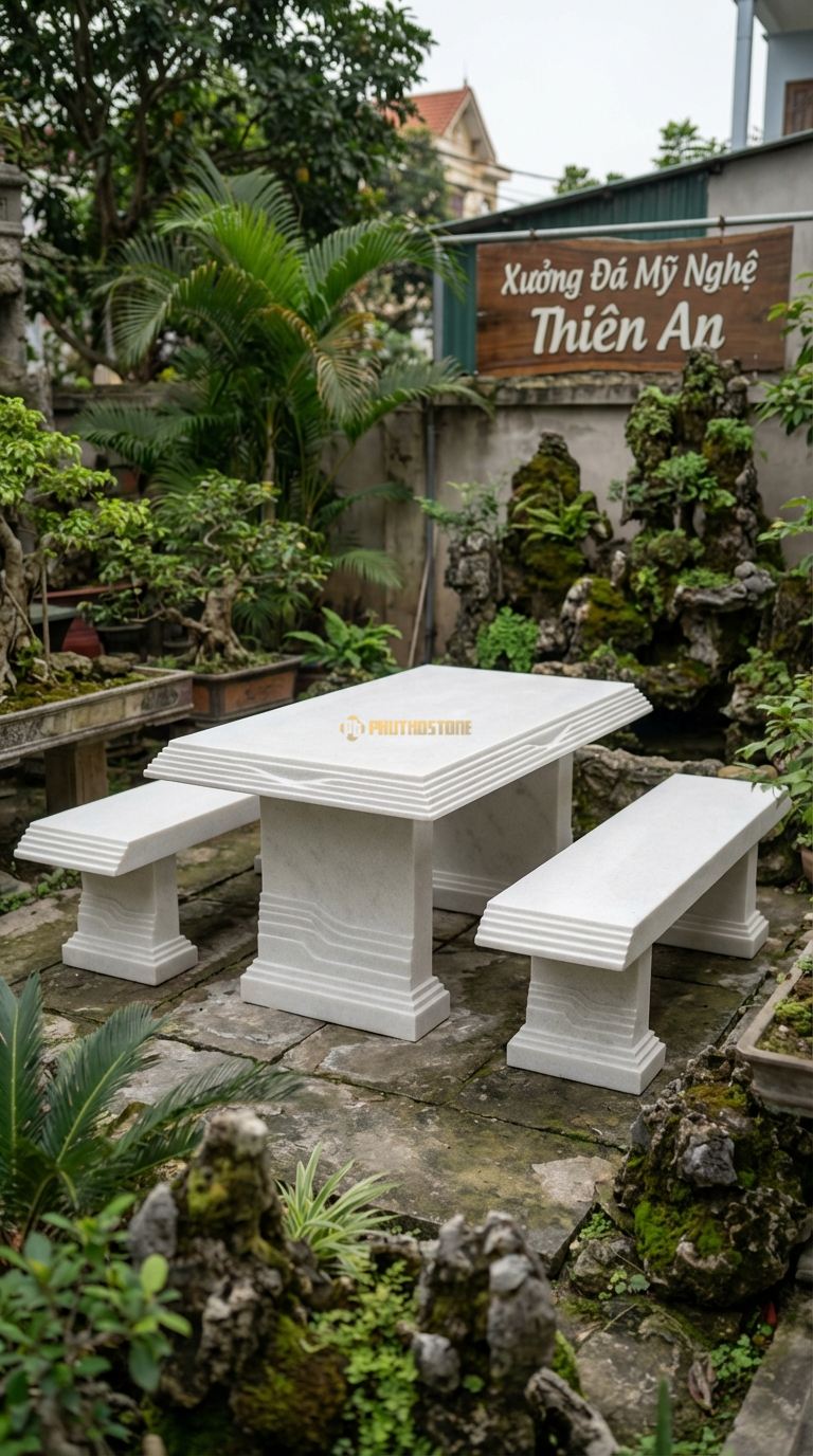 Bộ Bàn Ghế đá Ruộng Bậc Thang, Chất Liệu đá Trắng Muối, Kiểu Dáng cạnh Bàn Và Chân Bàn Được Mài Giật Cấp Như Ruộng Bậc Thang Tây Bắc. Bàn: 150 x 80 x 65 Cm