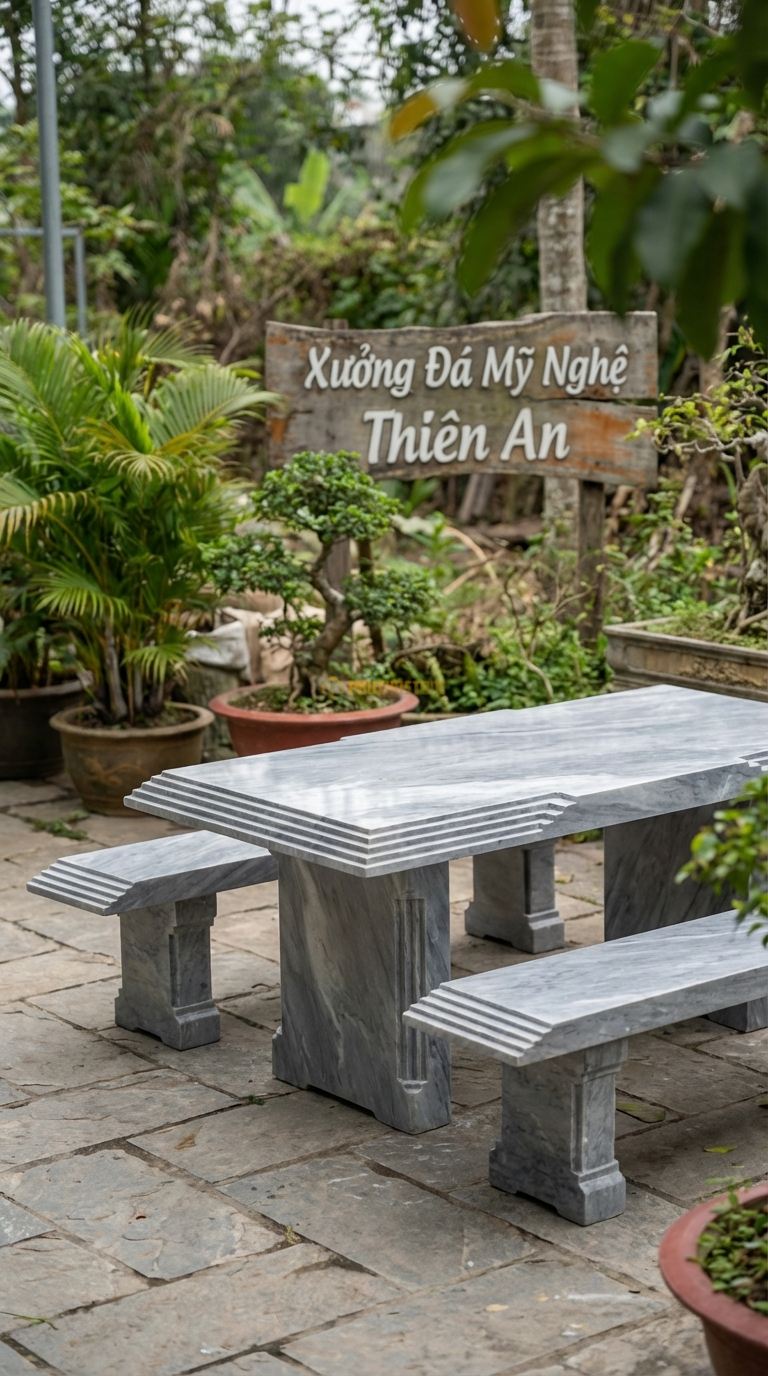 Bộ Bàn Ghế đá Ruộng Bậc Thang, Chất Liệu đá Xám Vân Mây, Kiểu Dáng cạnh Bàn Và Chân Bàn Được Mài Giật Cấp Như Ruộng Bậc Thang Tây Bắc. Bàn: 150 x 80 x 65 Cm