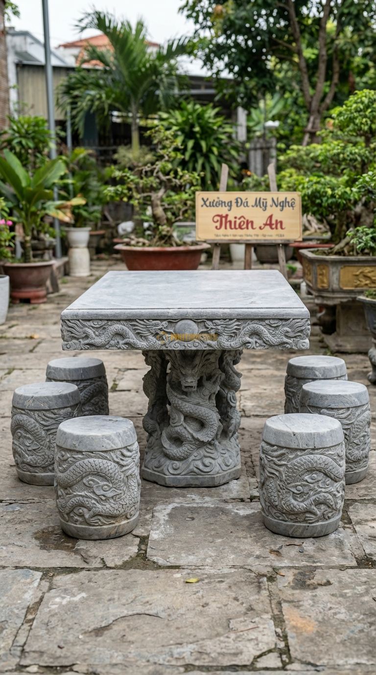 Bộ Bàn Ghế đá Song Long Chầu Nguyệt, Chất Liệu đá Cẩm Thạch Xám, Kiểu Dáng viền Bàn Chạm Rồng Chầu Mặt Nguyệt, Chân Bàn Là 3 Rồng Uốn Lượn Đỡ Mặt Bàn. Bàn: 140 x 90 x 75 Cm Đôn: Chạm Vảy Rồng (6 Đôn)