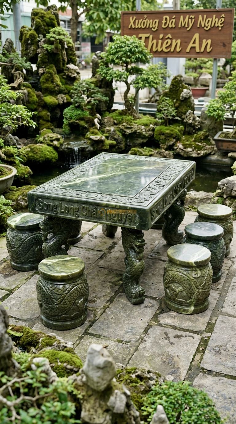 Bộ Bàn Ghế đá Song Long Chầu Nguyệt, Chất Liệu đá Serpentine, Kiểu Dáng viền Bàn Chạm Rồng Chầu Mặt Nguyệt, Chân Bàn Là 3 Rồng Uốn Lượn Đỡ Mặt Bàn. Bàn: 140 x 90 x 75 Cm Đôn: Chạm Vảy Rồng (6 Đôn)