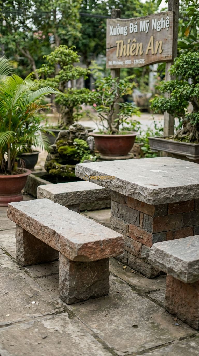 Bộ Bàn Ghế đá Tháp Chàm (Cham Tower), Chất Liệu đá Cuội, Kiểu Dáng mô Phỏng Kiến Trúc Gạch/ đá Xếp Của Tháp Chàm, Bề Mặt Nhám Đỏ Hoặc Xám. Bàn: 120 x 120 x 70 Cm