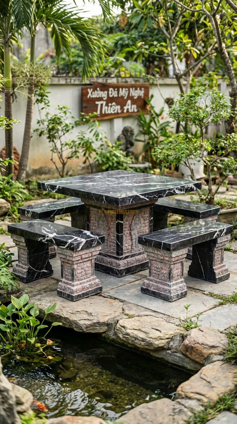 Bộ Bàn Ghế đá Tháp Chàm (Cham Tower), Chất Liệu đá Đen Tia Chớp, Kiểu Dáng mô Phỏng Kiến Trúc Gạch/ đá Xếp Của Tháp Chàm, Bề Mặt Nhám Đỏ Hoặc Xám. Bàn: 120 x 120 x 70 Cm