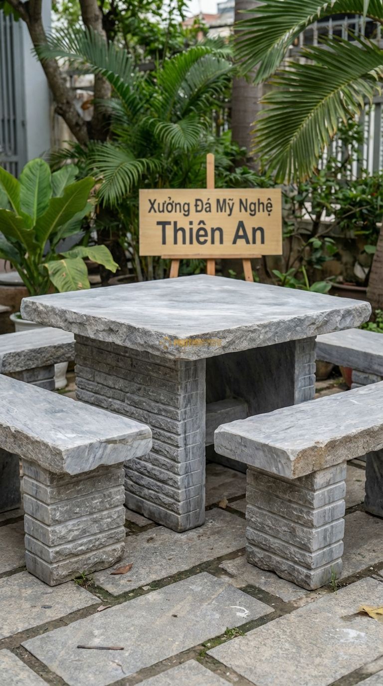 Bộ Bàn Ghế đá Tháp Chàm (Cham Tower), Chất Liệu đá Xám Vân Mây, Kiểu Dáng mô Phỏng Kiến Trúc Gạch/ đá Xếp Của Tháp Chàm, Bề Mặt Nhám Đỏ Hoặc Xám. Bàn: 120 x 120 x 70 Cm