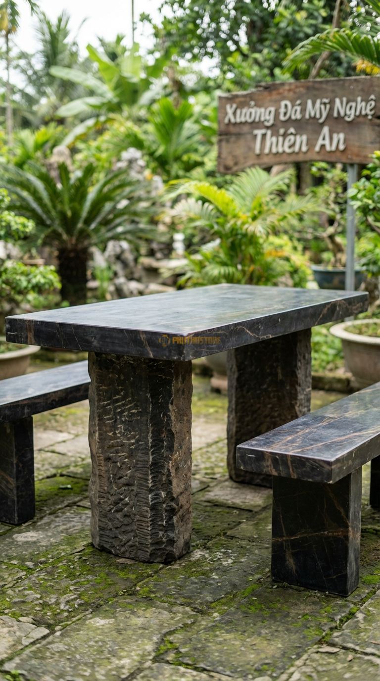 Bộ Bàn Ghế đá Trụ Cổng Cổ, Chất Liệu đá Đen Chỉ Nâu, Kiểu Dáng chân Bàn Mô Phỏng 2 Trụ Cổng Làng Xếp đá Ngày Xưa, Mặt Bàn Gác Ngang. Bàn: 160 x 80 x 75 Cm