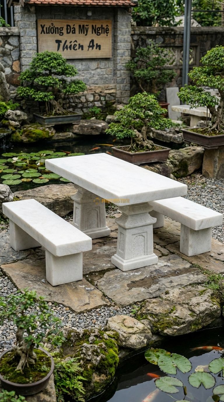 Bộ Bàn Ghế đá Trụ Cổng Cổ, Chất Liệu đá Trắng Muối, Kiểu Dáng chân Bàn Mô Phỏng 2 Trụ Cổng Làng Xếp đá Ngày Xưa, Mặt Bàn Gác Ngang. Bàn: 160 x 80 x 75 Cm