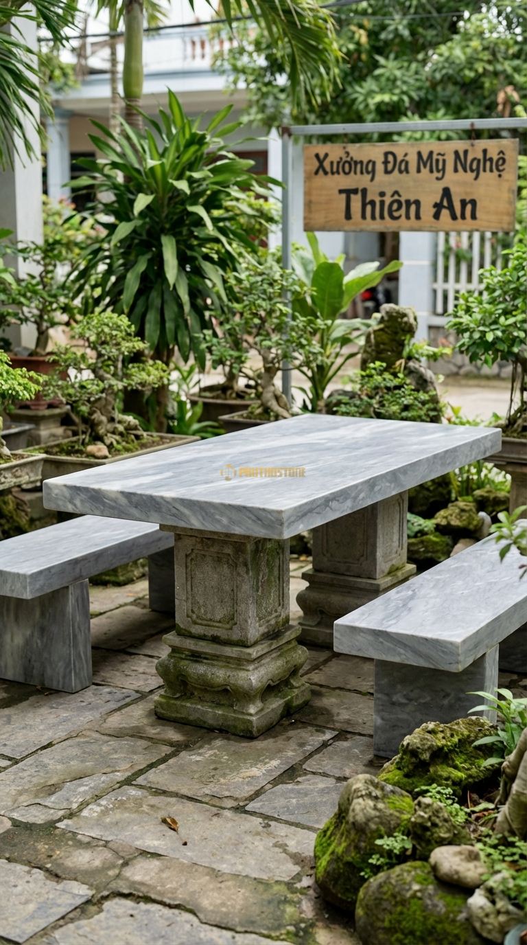 Bộ Bàn Ghế đá Trụ Cổng Cổ, Chất Liệu đá Xám Vân Mây, Kiểu Dáng chân Bàn Mô Phỏng 2 Trụ Cổng Làng Xếp đá Ngày Xưa, Mặt Bàn Gác Ngang. Bàn: 160 x 80 x 75 Cm