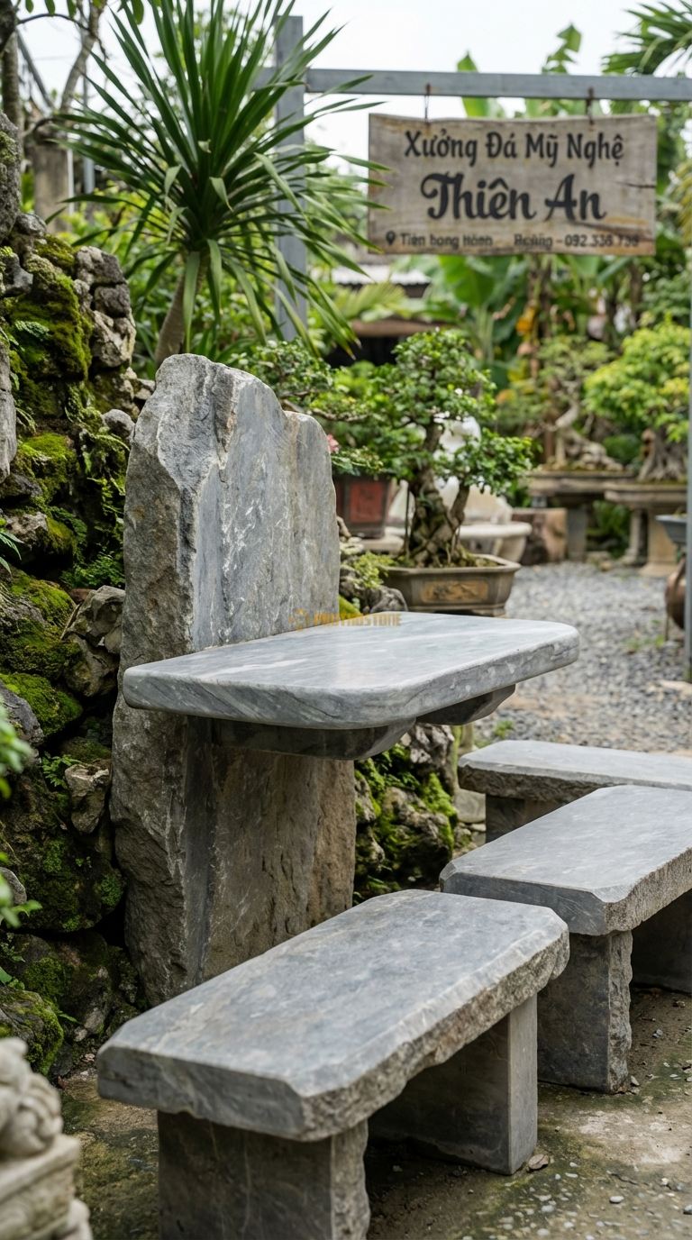 Bộ Bàn Ghế đá Vách Núi Dựng, Chất Liệu đá Cẩm Thạch Xám, Kiểu Dáng chân Bàn Là Tảng đá Dựng Đứng, Mặt Bàn Gắn Ngang Hông (Kiểu Console), Một Đầu Tựa Vào Vách (Nếu Có). Bàn: 120 x 50 x 80 Cm