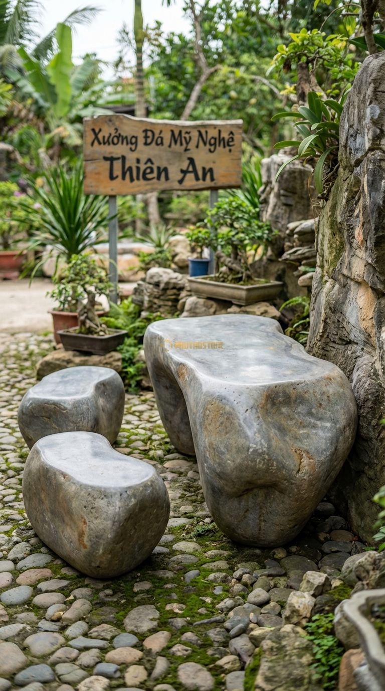 Bộ Bàn Ghế đá Vách Núi Dựng, Chất Liệu đá Cuội, Kiểu Dáng chân Bàn Là Tảng đá Dựng Đứng, Mặt Bàn Gắn Ngang Hông (Kiểu Console), Một Đầu Tựa Vào Vách (Nếu Có). Bàn: 120 x 50 x 80 Cm