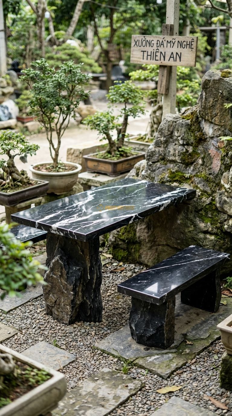 Bộ Bàn Ghế đá Vách Núi Dựng, Chất Liệu đá Đen Tia Chớp, Kiểu Dáng chân Bàn Là Tảng đá Dựng Đứng, Mặt Bàn Gắn Ngang Hông (Kiểu Console), Một Đầu Tựa Vào Vách (Nếu Có). Bàn: 120 x 50 x 80 Cm