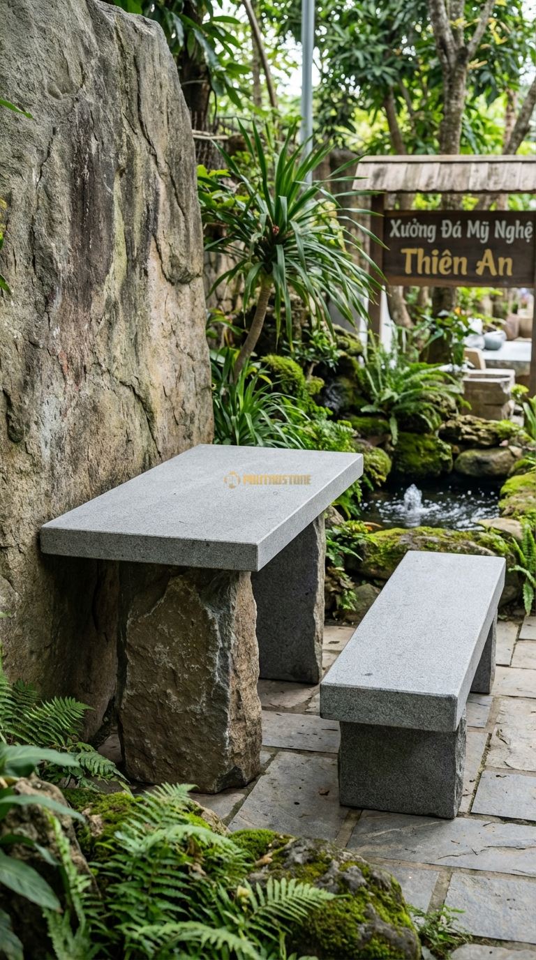 Bộ Bàn Ghế đá Vách Núi Dựng, Chất Liệu đá Granite, Kiểu Dáng chân Bàn Là Tảng đá Dựng Đứng, Mặt Bàn Gắn Ngang Hông (Kiểu Console), Một Đầu Tựa Vào Vách (Nếu Có). Bàn: 120 x 50 x 80 Cm