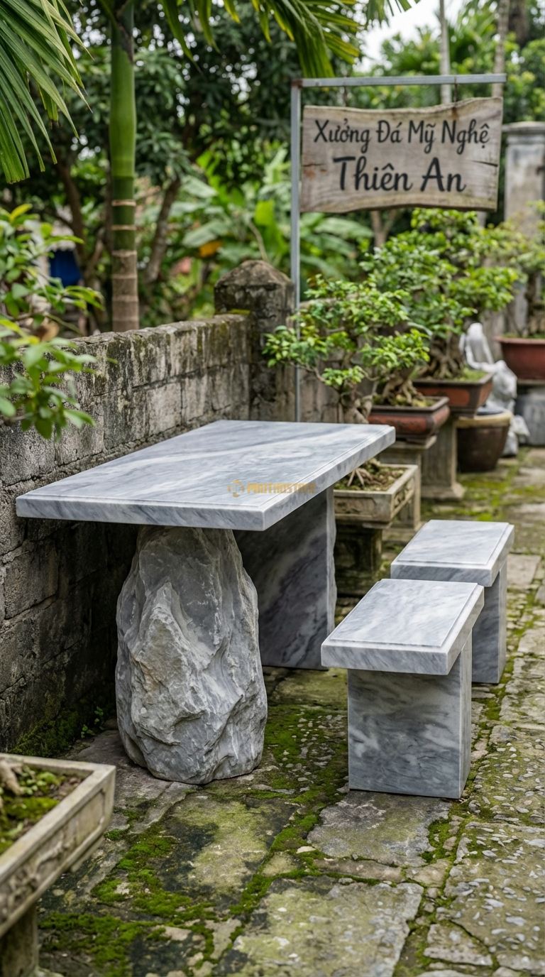 Bộ Bàn Ghế đá Vách Núi Dựng, Chất Liệu đá Xám Vân Mây, Kiểu Dáng chân Bàn Là Tảng đá Dựng Đứng, Mặt Bàn Gắn Ngang Hông (Kiểu Console), Một Đầu Tựa Vào Vách (Nếu Có). Bàn: 120 x 50 x 80 Cm