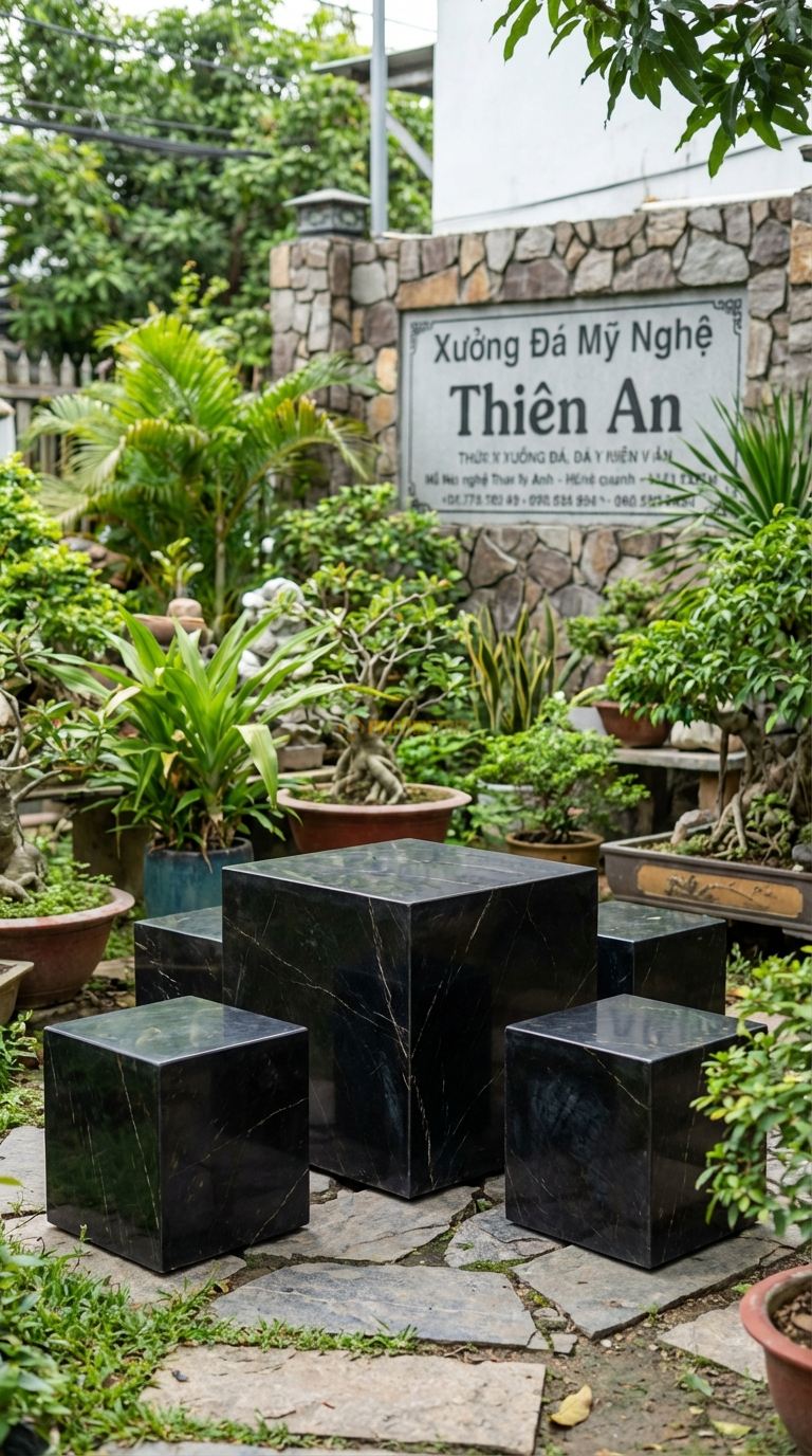 Bộ Bàn Ghế đá Vuông Vắn (Cube), Chất Liệu đá Đen Chỉ Nâu, Kiểu Dáng cả Bàn Và Ghế Đều Là Các Khối Lập Phương (Cube) Đặc, Xếp Gọn Thành Một Khối Khi Không Dùng. Bàn: 50 x 50 x 50 Cm Đôn: 40 x 40 x 40 Cm (2 Đôn)