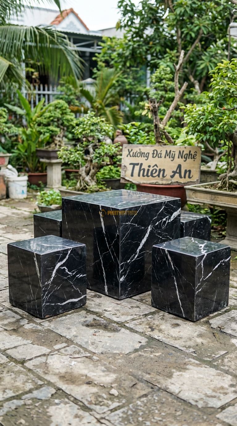 Bộ Bàn Ghế đá Vuông Vắn (Cube), Chất Liệu đá Đen Tia Chớp, Kiểu Dáng cả Bàn Và Ghế Đều Là Các Khối Lập Phương (Cube) Đặc, Xếp Gọn Thành Một Khối Khi Không Dùng. Bàn: 50 x 50 x 50 Cm Đôn: 40 x 40 x 40 Cm (2 Đôn)