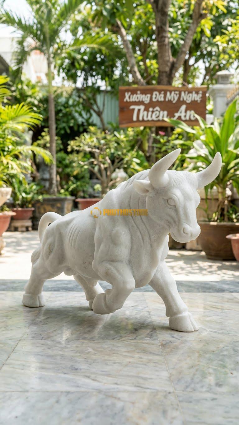 Bò Phố Wall (Wall St) Bằng Đá Trắng Muối, Kiểu Dáng Húc Sừng Lên, Cơ Bắp. Kích Thước Dài 40cm.