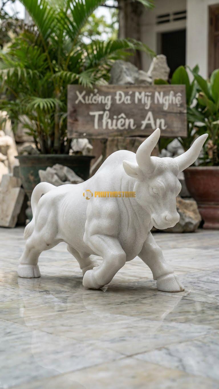 Bò Phố Wall (Wall St) Bằng Đá Trắng Muối, Kiểu Dáng Húc Sừng Lên, Cơ Bắp. Kích Thước Dài 40cm.