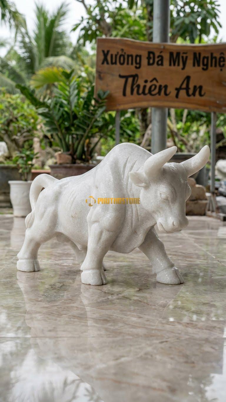 Bò Phố Wall (Wall St) Bằng Đá Trắng Muối, Kiểu Dáng Húc Sừng Lên, Cơ Bắp. Kích Thước Dài 40cm.