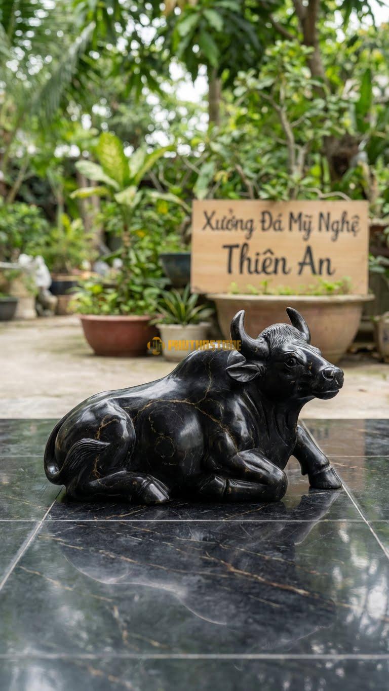 Bò Tót Nằm Bằng Đá Đen Chỉ Nâu, Kiểu Dáng Thư Giãn Nhưng Vẫn Uy Lực. Kích Thước Dài 25cm.